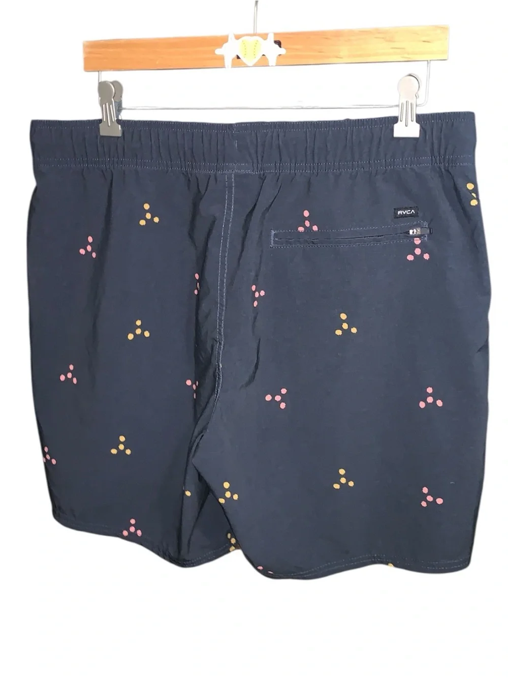 RVCA Men’s Large Navy Blue Swim Shorts with Pink & Yellow Dot Clusters